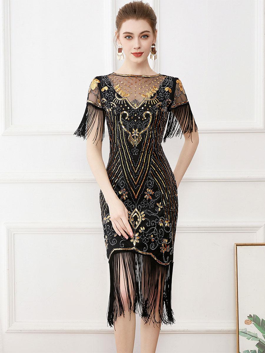 Party Dresses Burgundy Jewel Neck Sequins Short Sleeves Sheer Semi Formal Dress