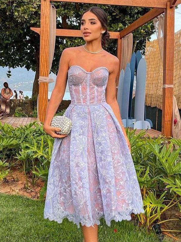 Party Dresses Lavender Strapless Lace Sleeveless Open Shoulder Semi Formal Dress