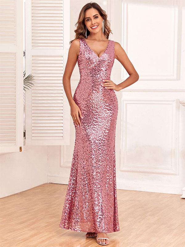 Party Dresses Sequined Lotus Pink V-Neck Sexy Trumpet Dress