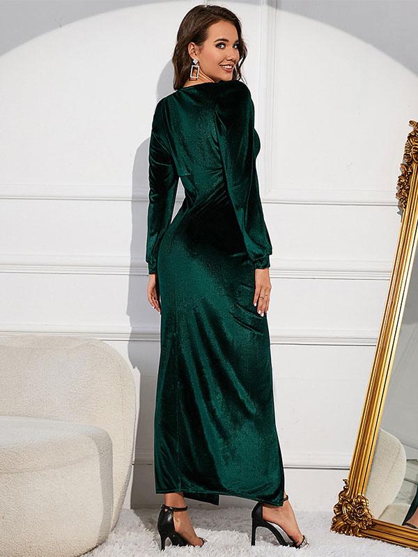 Party Dresses V-Neck Pleated Long Sleeves High-slit Semi Formal Dress