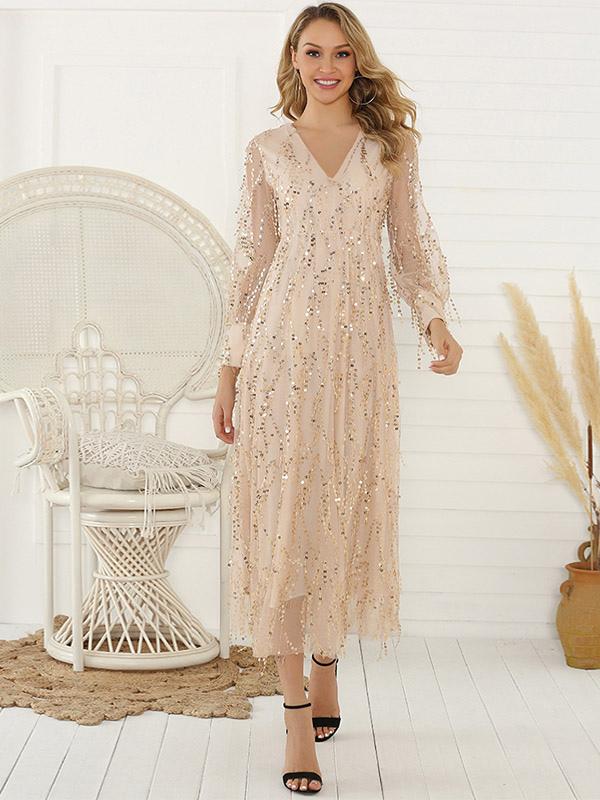 Party Dresses Sequins Backless V-Neck Long Sleeves Lace Up Midi Dress