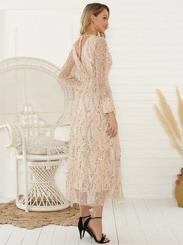 Party Dresses Sequins Backless V-Neck Long Sleeves Lace Up Midi Dress