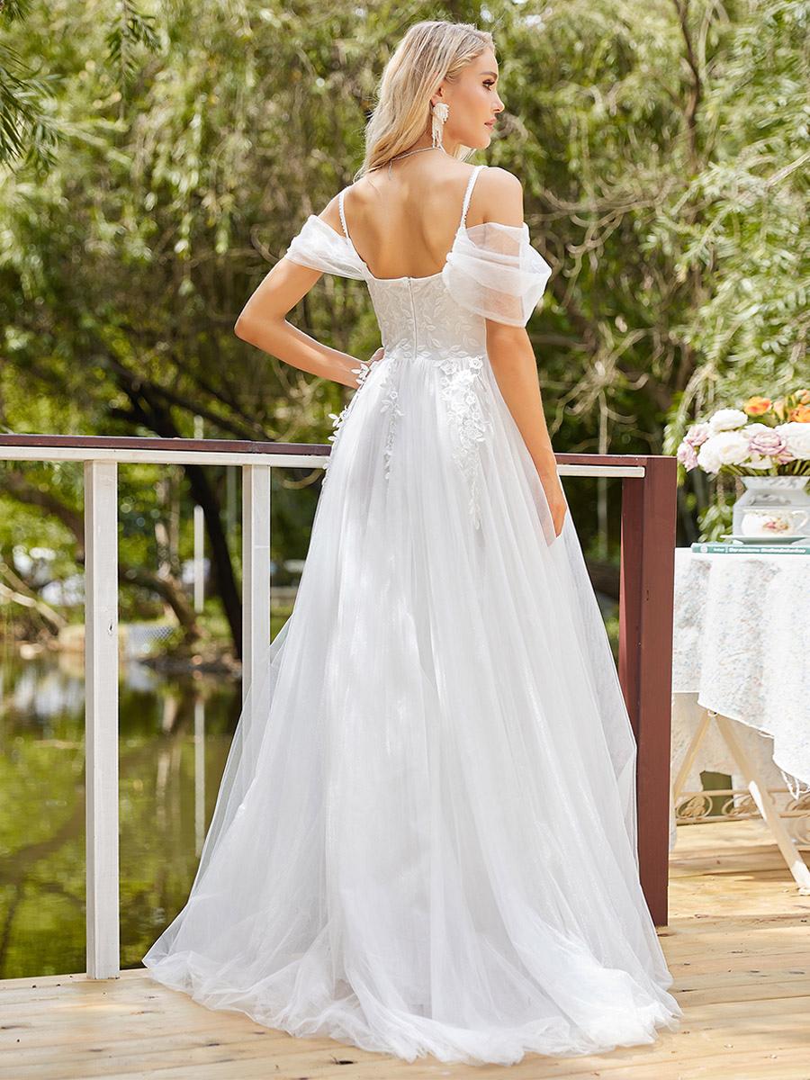 Party Dresses V-Neck Lace Off-the-Shoulder A-line Tulle Bridal Wedding Dress
