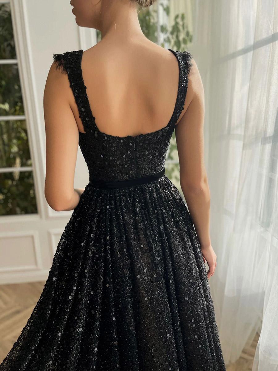 Party Dresses Black Sweetheart Neck Lace Sleeveless Backless Semi Formal Dress