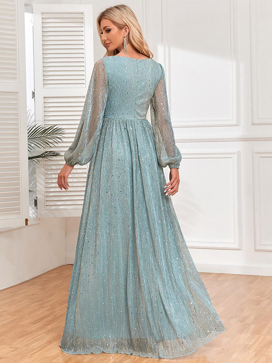 Maxi Dresses Sequins Pleated V-Neck Long Sleeves Semi Formal Dress
