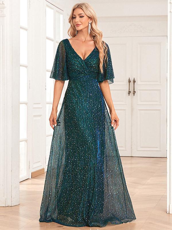 Sequin Maxi Dresses V-Neck Backless A-Line Formal Cocktail Dress