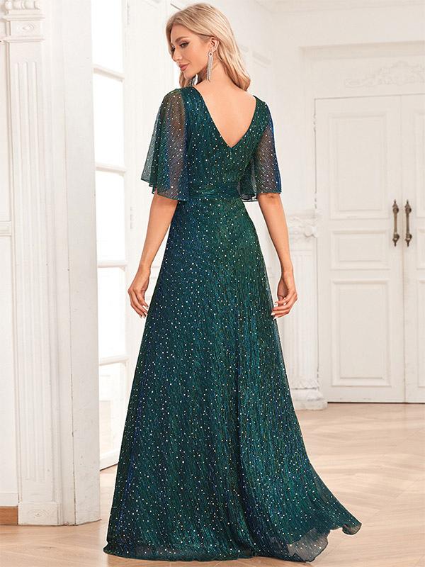 Sequin Maxi Dresses V-Neck Backless A-Line Formal Cocktail Dress