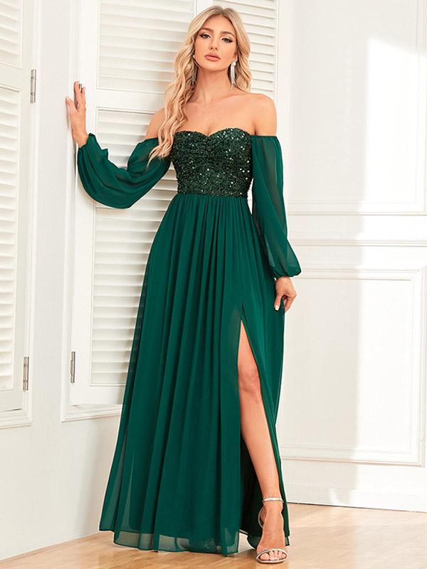 Sequins Off Shoulder Dress Backless High Slit Party Cocktail Maxi Dresses