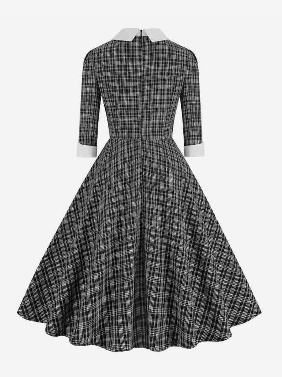 Retro Dress Bows Scottish Plaid Audrey Hepburn Style Elegant Dresses