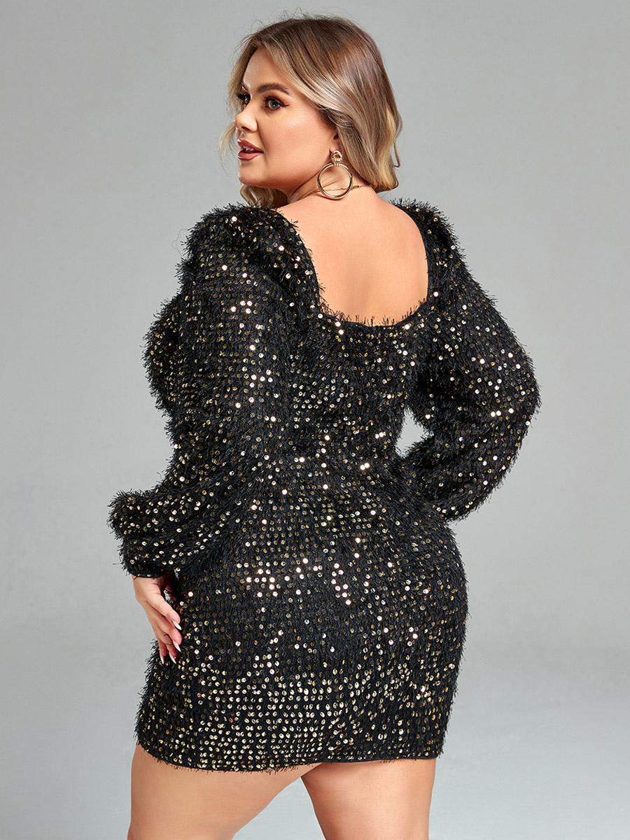 Plus Size Sequins Dress Sweetheart Balloon Sleeves Fringe Trim Prom Dresses