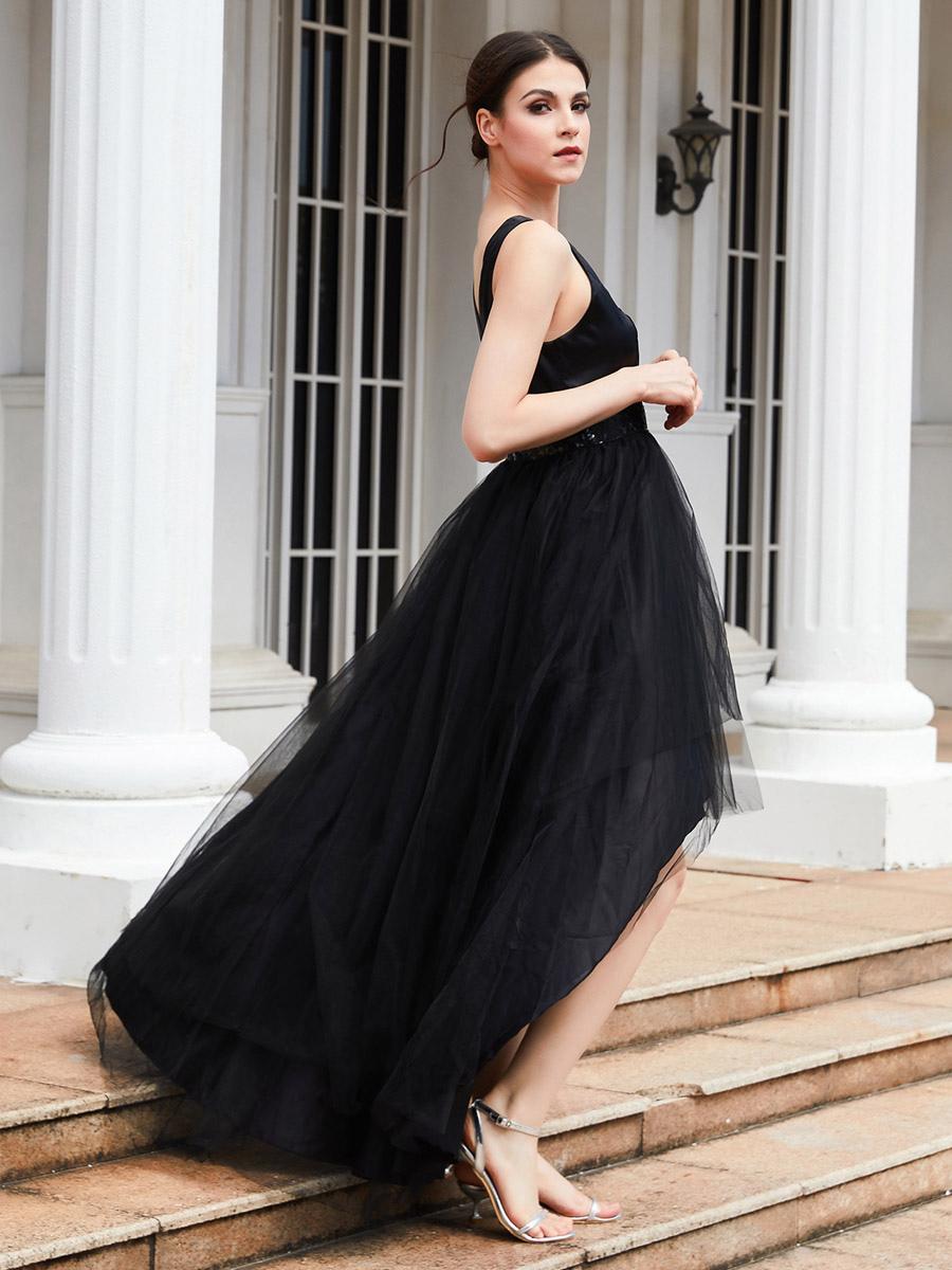 Party Dresses Black V-Neck Sequins Sleeveless High Low Design Semi Formal Dress