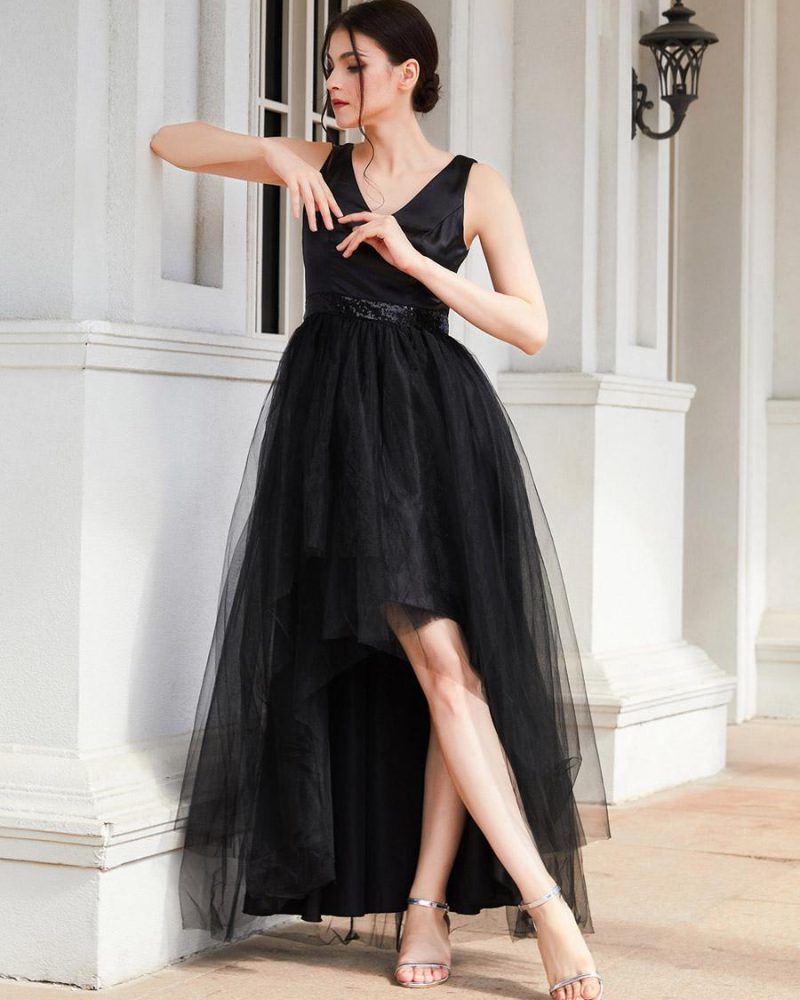 Party Dresses Black V-Neck Sequins Sleeveless High Low Design Semi Formal Dress