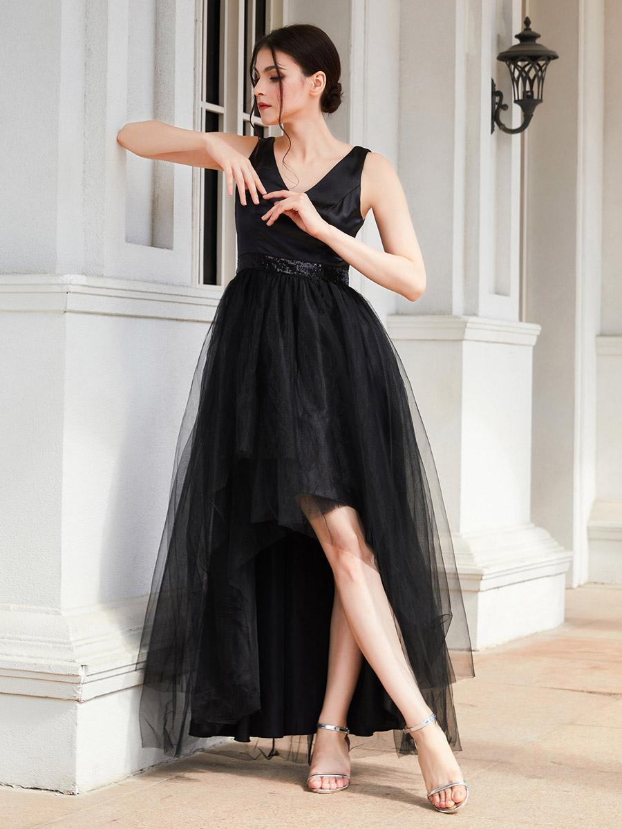 Party Dresses Black V-Neck Sequins Sleeveless High Low Design Semi Formal Dress