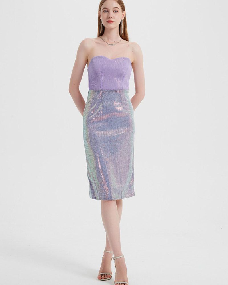 Sequins Party Dresses Sleeveless Strapless Elegant Cocktail Dress In Lavender