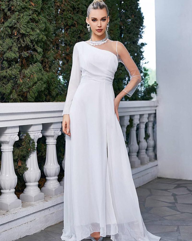 Asymmetrical Party Dresses Long Sleeves Cocktail Maxi Dress In White
