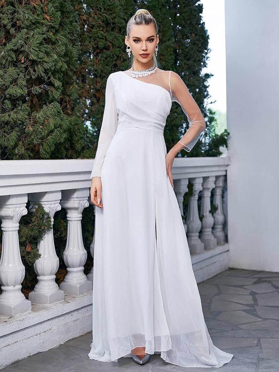 Asymmetrical Party Dresses Long Sleeves Cocktail Maxi Dress In White