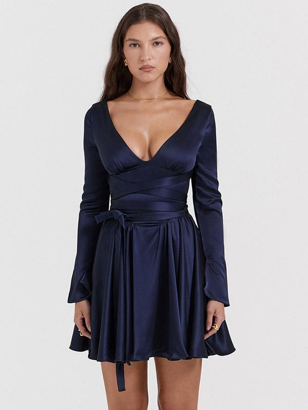 Flared Dress V-neck Long Sleeves Belted Lace Up Party Mini Dresses