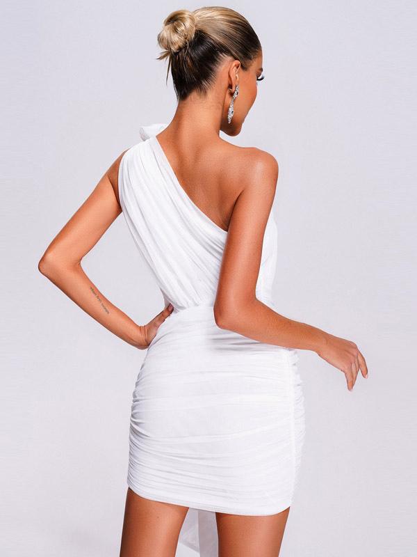 Asymmetrical Mini Dress One Shoulder Pleated Bodycon Dresses In White