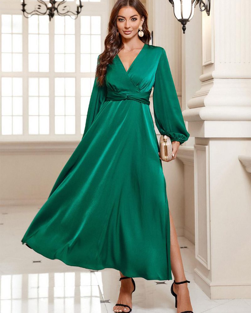 A-Line Party Dress V-Neck Lantern Sleeves Belted High Slit Dresses