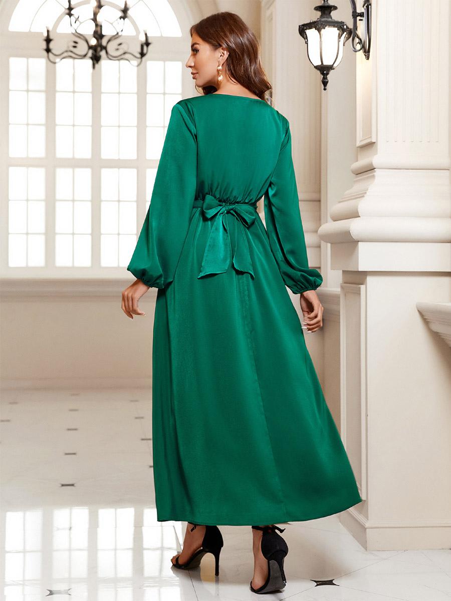 A-Line Party Dress V-Neck Lantern Sleeves Belted High Slit Dresses