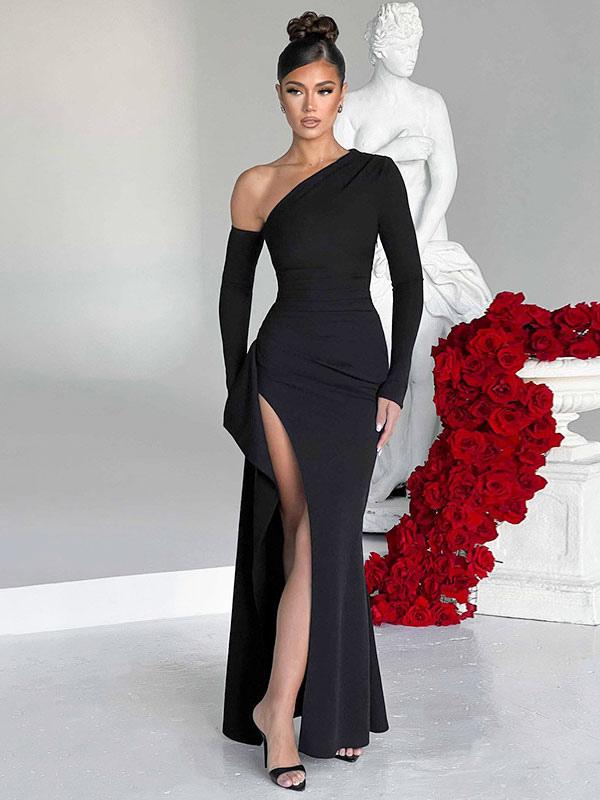 Party Dresses Black One-Shoulder Long Sleeves Semi Formal Dress