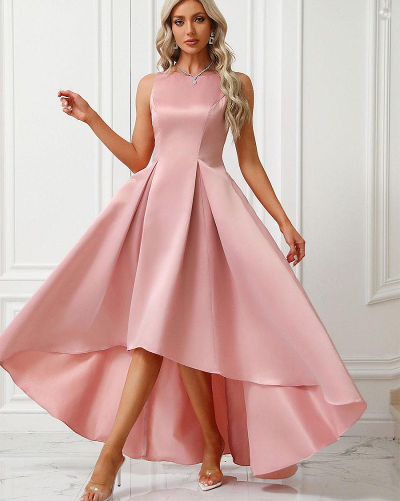 Party Dresses Pink Jewel Neck Pleated Sleeveless High Low Design Semi Formal Dress