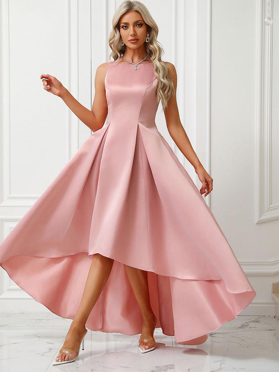 Party Dresses Pink Jewel Neck Pleated Sleeveless High Low Design Semi Formal Dress