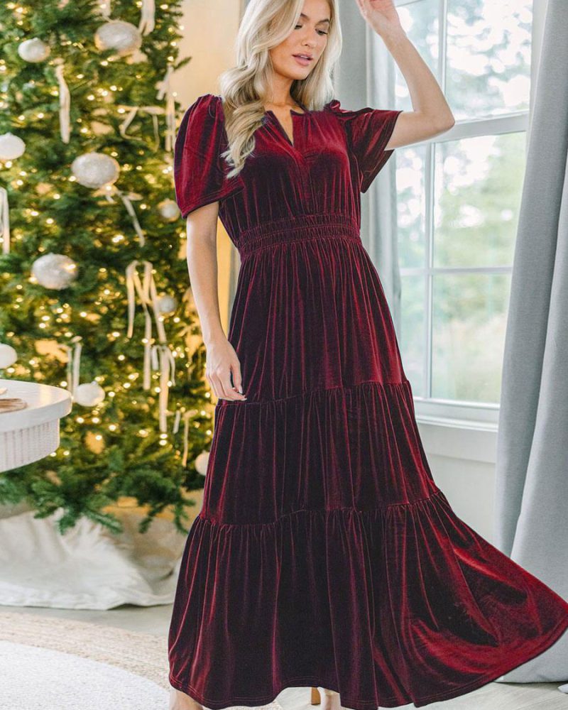 Velvet Dress Dark Navy Stretch Pleated Street Wear Short Sleeves V-Neck Summer Long Maxi Dresses