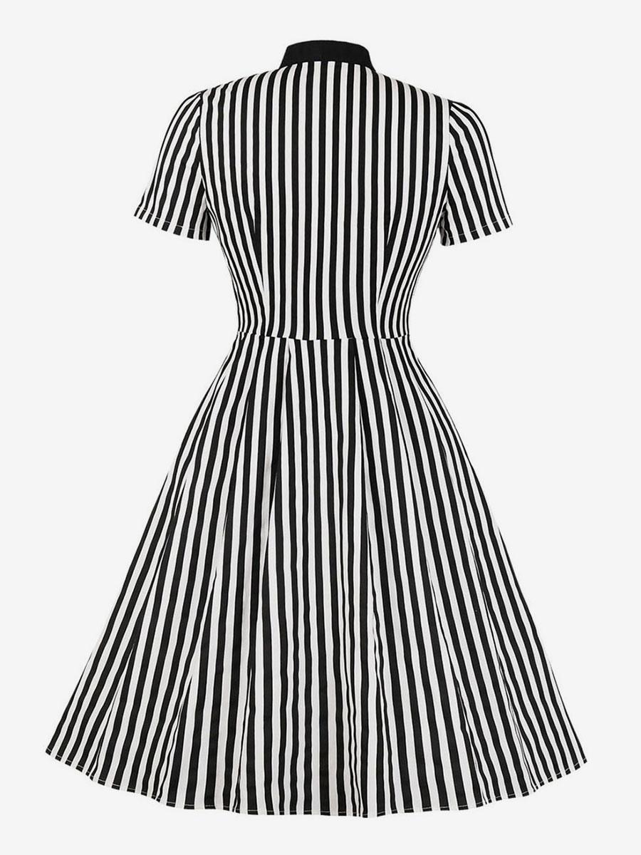 Vintage Dress 1950s Stripe Bow Tie Short Sleeves Women Swing Retro Dress