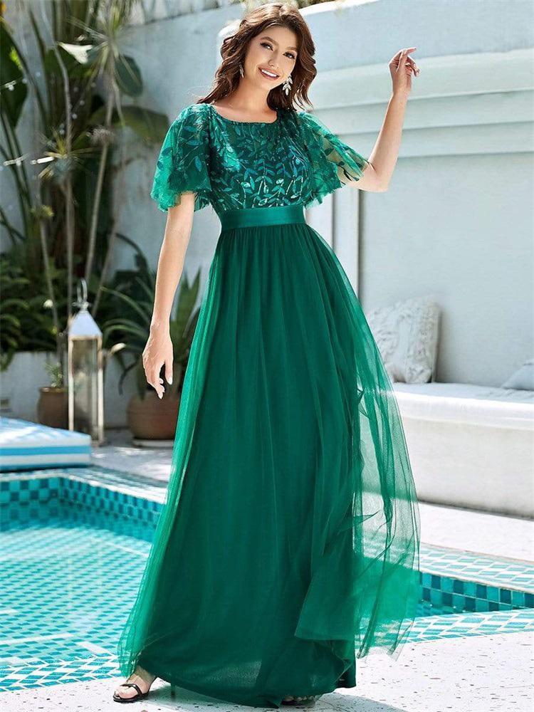 Tulle Party Dresses Short Sleeves Semi Formal Maxi Prom Dress