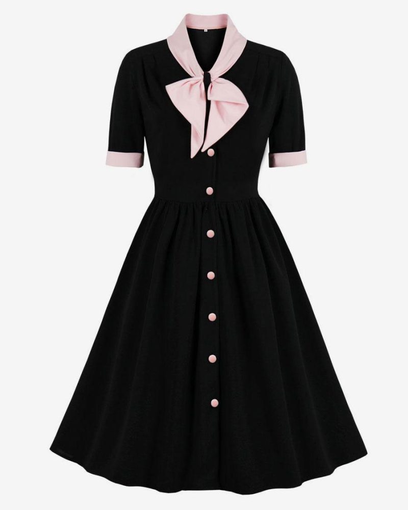 1950s Audrey Hepburn Style Vintage Dress Black Polka Dot Short Sleeves V-Neck Black Rockabilly Dress