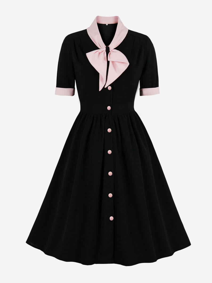 1950s Audrey Hepburn Style Vintage Dress Black Polka Dot Short Sleeves V-Neck Black Rockabilly Dress