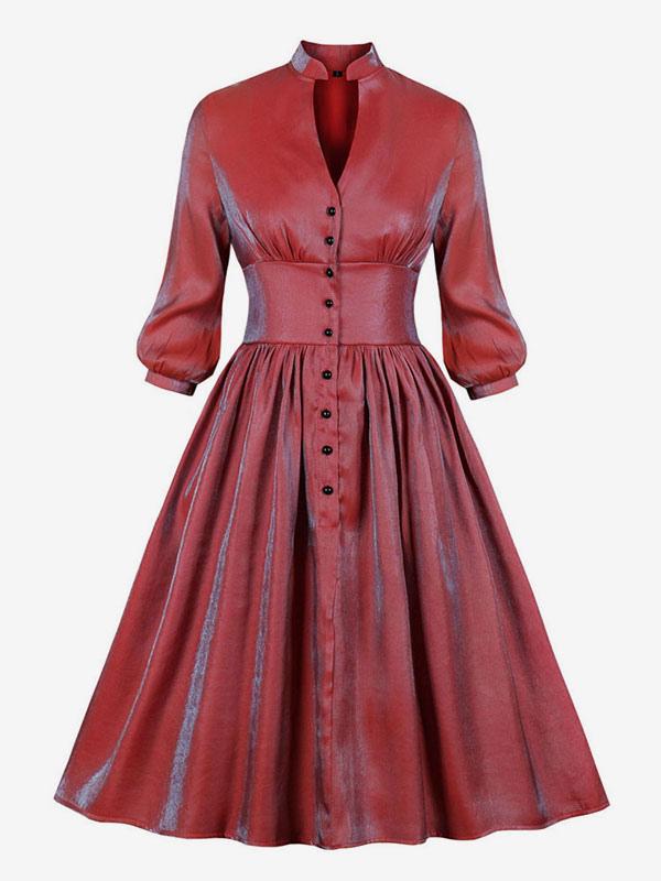 Christmas Retro Dress 1950s Audrey Hepburn Style Red Ombre Long Sleeves V Neck Rockabilly DressChristmas Retro Dress 1950s Audrey Hepburn Style Red Ombre Long Sleeves V Neck Rockabilly Dress