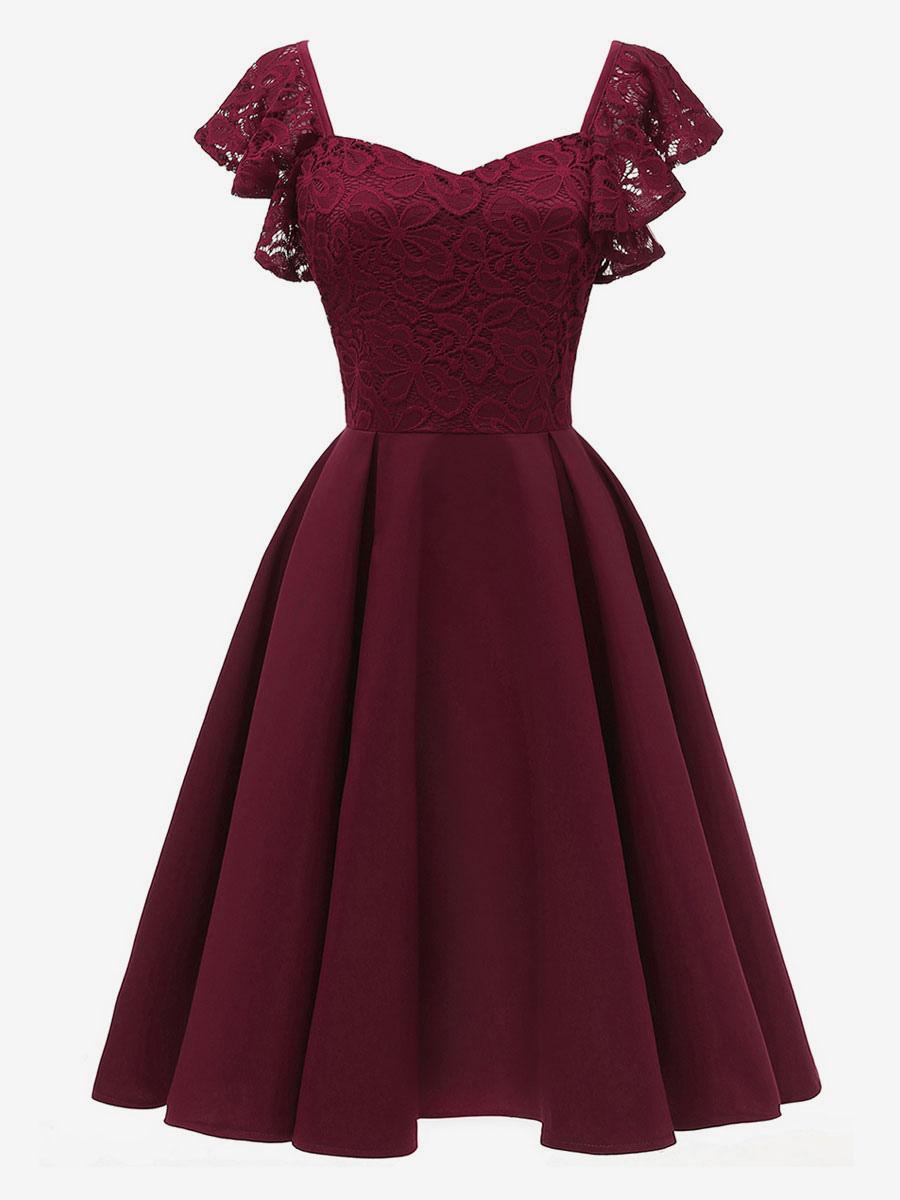 1950s Audrey Hepburn Style Vintage Dress Burgundy Sleeveless V-Neck Rockabilly Dress Retro Dress