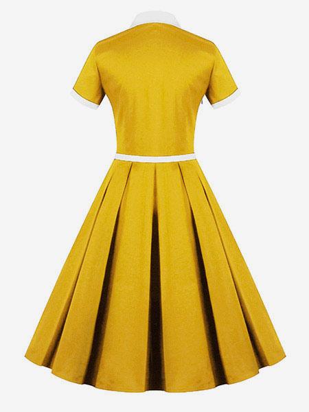 1950s Audrey Hepburn Style Yellow Vintage Short Sleeve Belted Retro Swing Dress