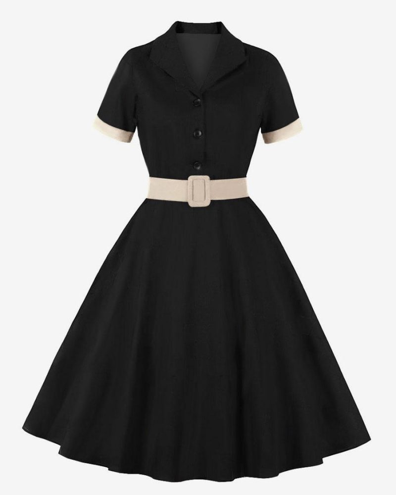 Retro Dress 1950s Audrey Hepburn Style Blue Gray Women Short Sleeves Rockabilly Dress