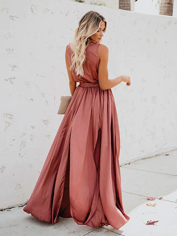 Maxi Dress Sleeveless Blush Pink V Neck Knotted Slit Long Dress