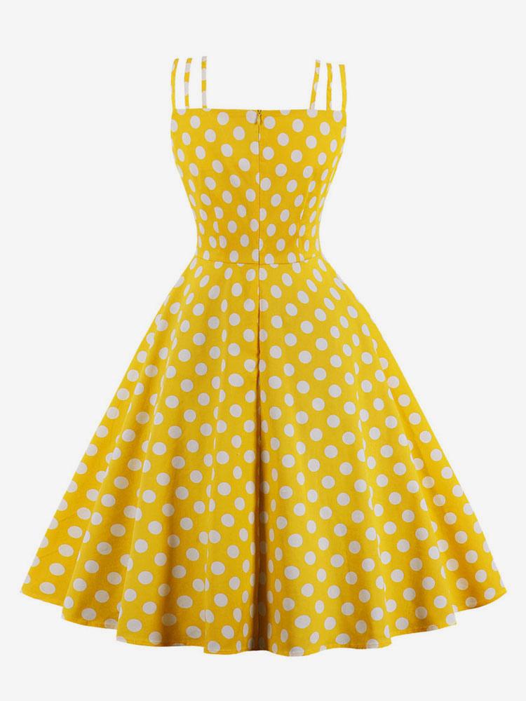 Yellow Vintage Dress Straps Polka Dot Cotton Retro Summer Dress
