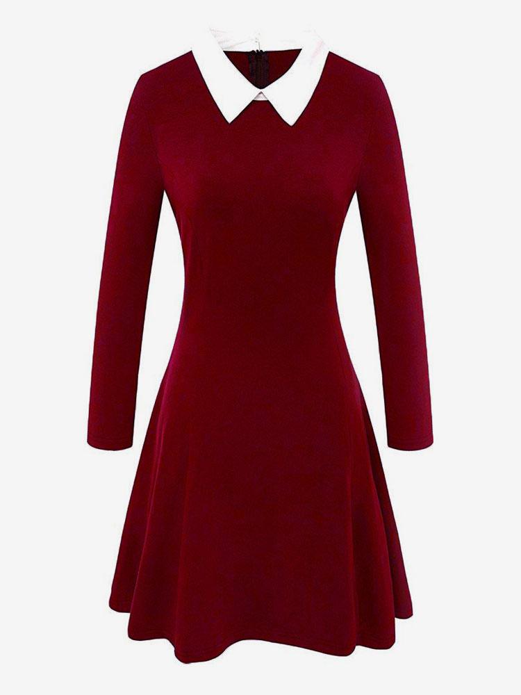 Women Vintage Dress 1950s Audrey Hepburn Style Turndown Collar Long Sleeves Rockabilly Dress