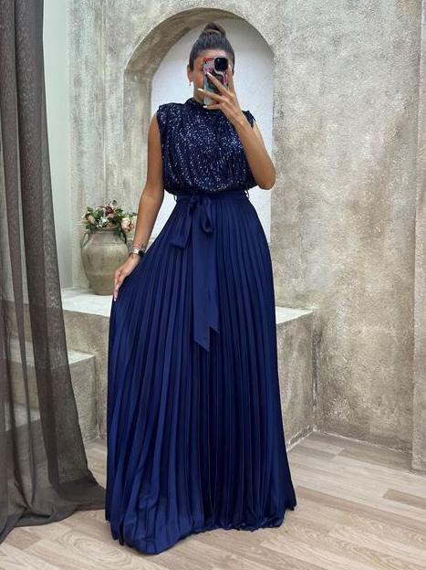 Party Dresses Sleeveless Belted Accordion Hem Maxi Cocktail Dress