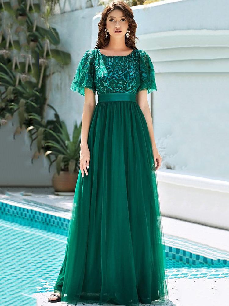 Tulle Party Dresses Short Sleeves Semi Formal Maxi Prom Dress