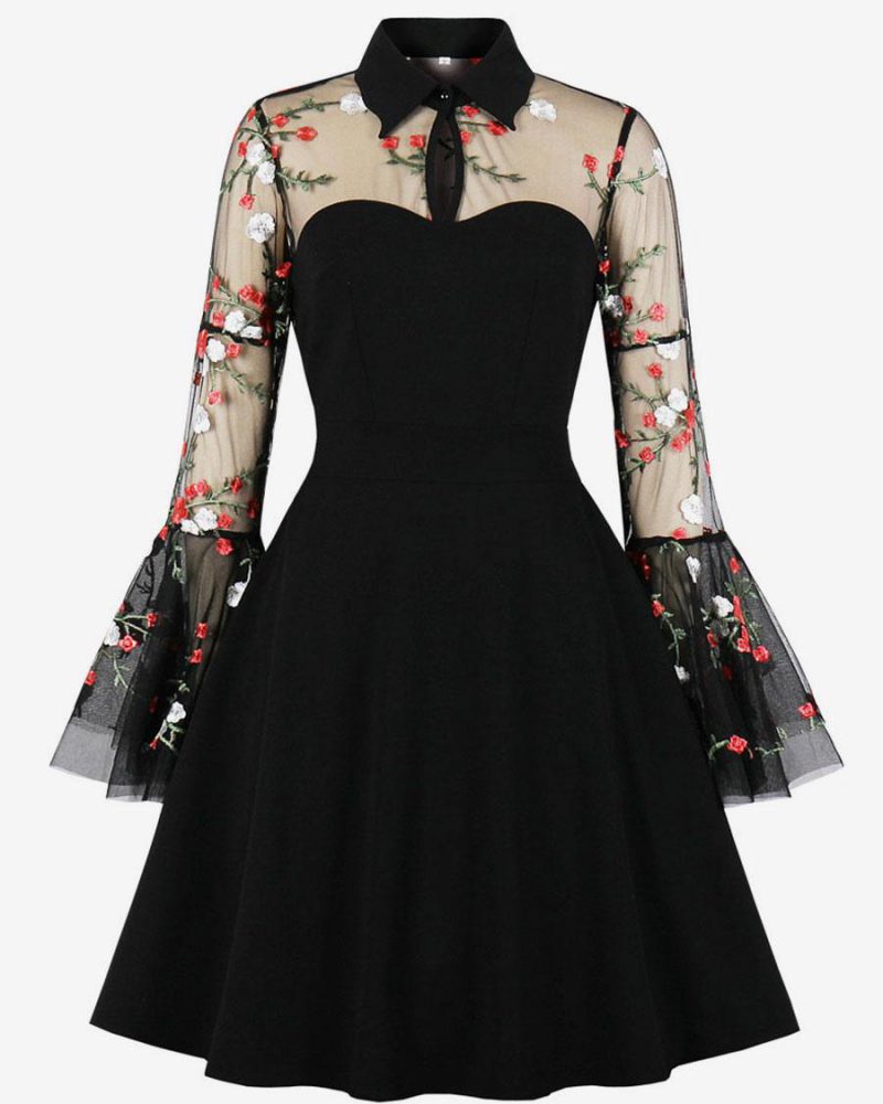 1950s Audrey Hepburn Style Retro Dress Turndown Collar Cut Out Long Sleeves Knee Length Printed Rockabilly Dress