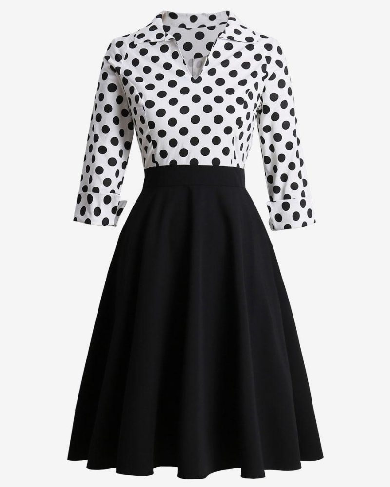 Women's Black Vintage Dress 1950s Audrey Hepburn Style V-Neck 3/4 Length Sleeves Polka Dots Retro Cotton Dress