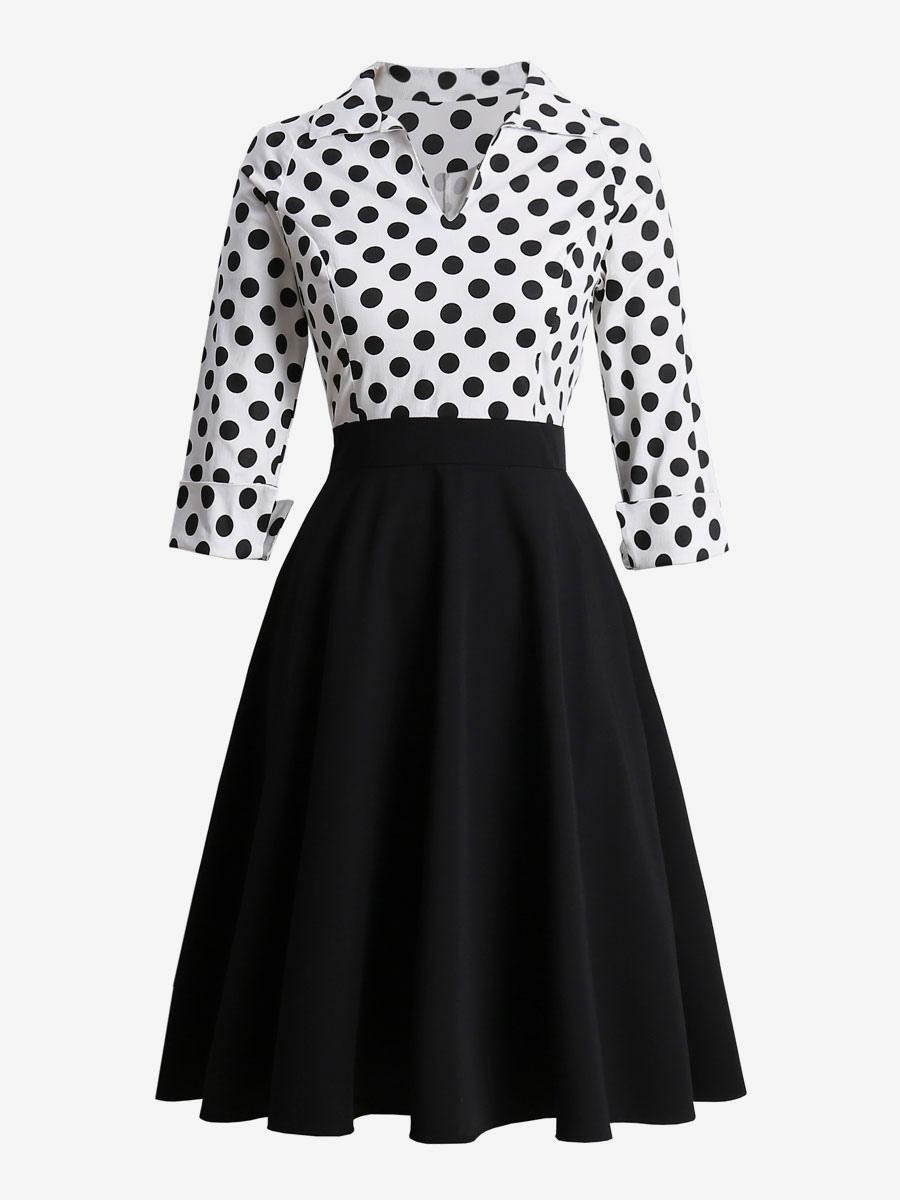 Women's Black Vintage Dress 1950s Audrey Hepburn Style V-Neck 3/4 Length Sleeves Polka Dots Retro Cotton Dress