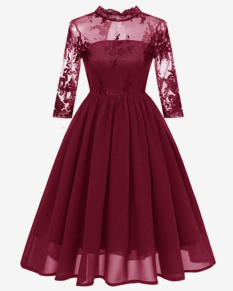 1950s Audrey Hepburn Style Retro Dress Burgundy 3/4 Length Sleeves Chiffon Lace Rockabilly Dress Retro Dress