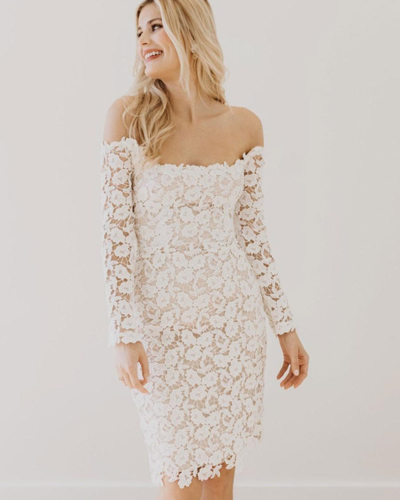 Bateau Neck Long Sleeves Sheath Court Train Bridal Dresses