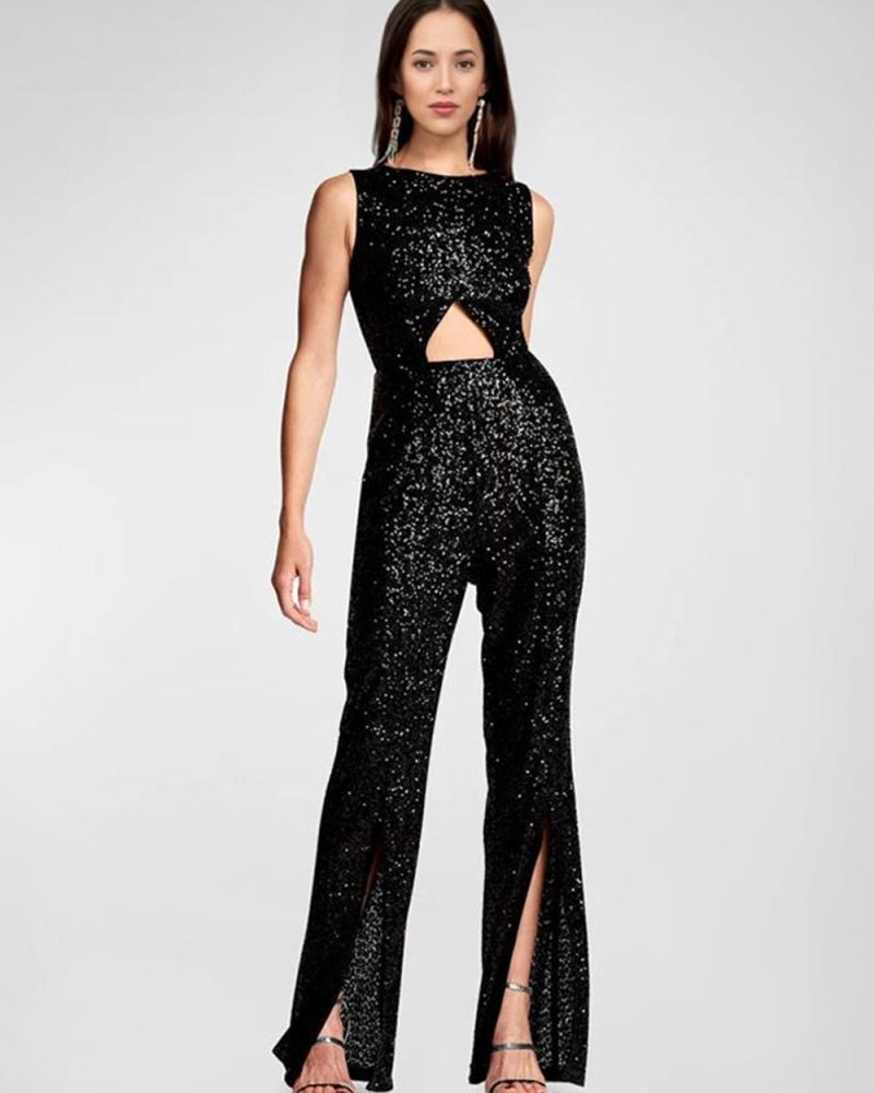 Black Jewel Neck Sleeveless Sequins Low-slit Sequined Straight Summer Playsuit