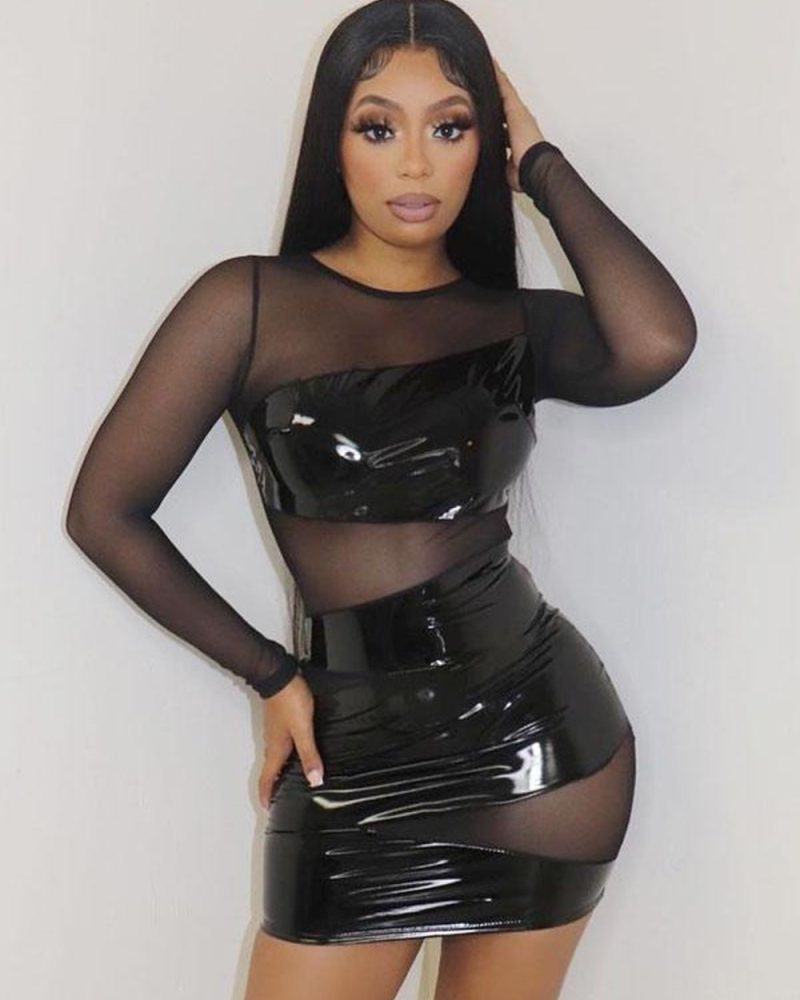 Black Jewel Neck Long Sleeves PU Leather Sheer Club Dresses