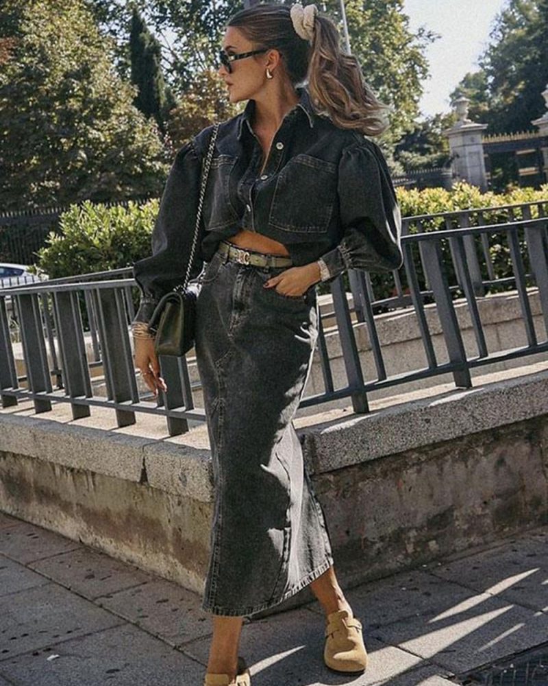 Denim Outfit Oversized Lantern Sleeves Top And Full Skirt 2 Pieces Set