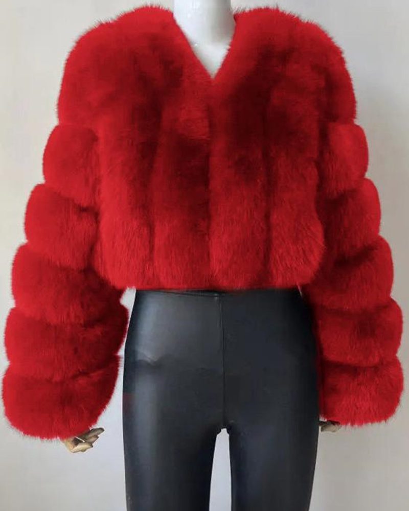 Faux Fur Coat V-Neck Long Sleeves Winter Outerwear For Women